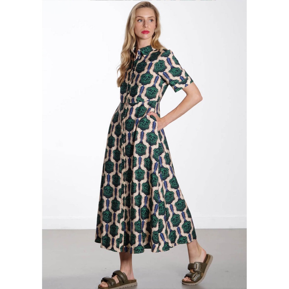 OBJECT PRINTED A LINE SHIRTDRESS TREETOP SIZE S  (34) PINK GREEN BLUE MAXI